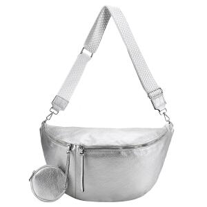 XXL Tasche Bauchtasche Hüfttasche Crossbody Schultertasche Umhängetasche Kunstleder Gürteltasche Crossover Slingntasche Unisex Bag Silber.