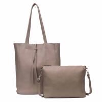 Damen Tasche Set 2in1 Shopper Handtasche Crossbody Hobo Bag Schultertasche Umhängetasche Metallic Cross-Over DIN-A4  Taupe