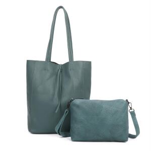 Damen Tasche Set 2in1 Shopper Handtasche Crossbody Hobo Bag Schultertasche Umhängetasche Metallic Cross-Over DIN-A4  Petrol V1