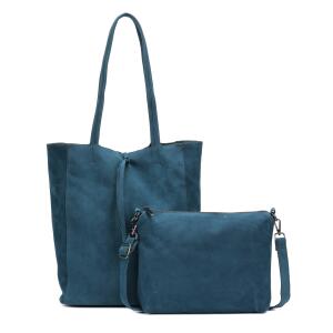 Damen Tasche Set 2in1 Shopper Handtasche Crossbody Hobo Bag Schultertasche Umhängetasche Metallic Cross-Over DIN-A4 Jeansblau V1