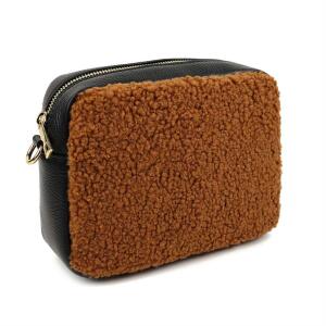 Made in Italy Damen Teddy Tasche Schultertasche Pelz Bodybag Ledertasche Umhängetasche Kunstfell Crossover Damentasche Crossbody Plüsch Felltasche Wintertasche Cognac