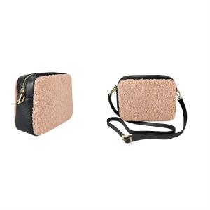 Made in Italy Damen Teddy Tasche Schultertasche Pelz Bodybag Ledertasche Umhängetasche Kunstfell Crossover Damentasche Crossbody Plüsch Felltasche Wintertasche Cognac