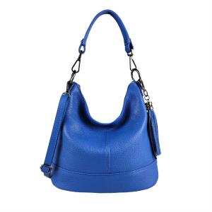 Made in Italy Damen Leder Tasche Umhängetasche Shopper Schultertasche Handtasche Crossbody Hobo Bag Crossover Ledertasche Damentasche Fransen Königsblau
