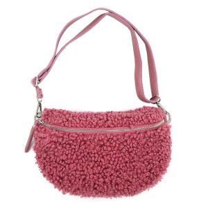 Made in Italy Damen Teddyfell Tasche Plüsch Bauchtasche Hüfttasche Schultertasche Bodybag Umhängetasche Crossbody Teddyplüsch Handytasche Crossbag Gürteltasche Wintertasche Lammfell-Optik Altrosa