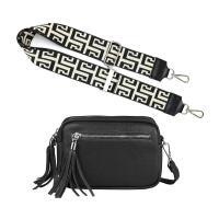 Made in Italy DAMEN LEDER TASCHE mit extra breitem Zusatz Tragegurt Umhängetasche Schultertasche Beuteltasche Cross-Over Cross Bag Glattleder Schmucktasche Fransen Ledertasche Schwarz