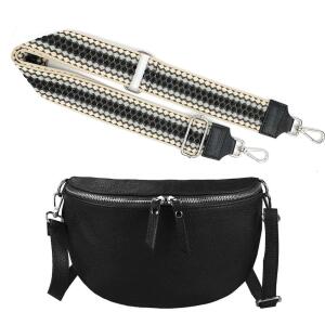 Made in Italy DAMEN SET Gürteltasche + Schultergurt LEDER Crossbody Hüfttasche Bauchtasche Umhängetasche Brusttasche CrossOver Bodybag Schultertasche Handytasche Geldtasche Tasche Kosmetiktasche Schwarz M (28cm) + Gürtel