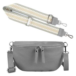 Made in Italy DAMEN SET Gürteltasche + Schultergurt LEDER Crossbody Hüfttasche Bauchtasche Umhängetasche Brusttasche CrossOver Bodybag Schultertasche Handytasche Geldtasche Tasche Kosmetiktasche Grau S (25cm) + Gürtel
