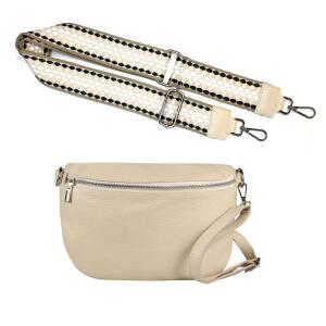 Made in Italy DAMEN SET Gürteltasche + Schultergurt LEDER Crossbody Hüfttasche Bauchtasche Umhängetasche Brusttasche CrossOver Bodybag Schultertasche Handytasche Geldtasche Tasche Kosmetiktasche Beige M (27cm) + Gürtel