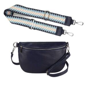 Made in Italy DAMEN SET Gürteltasche + Schultergurt LEDER Crossbody Hüfttasche Bauchtasche Umhängetasche Brusttasche CrossOver Bodybag Schultertasche Handytasche Geldtasche Tasche Kosmetiktasche Navy M (27cm) + Gürtel