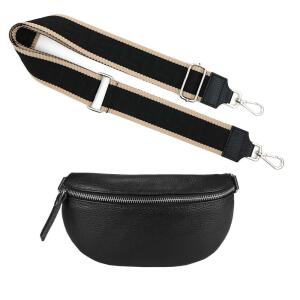 Made in Italy DAMEN SET Gürteltasche + Schultergurt LEDER Crossbody Hüfttasche Bauchtasche Umhängetasche Brusttasche CrossOver Bodybag Schultertasche Handytasche Geldtasche Tasche Kosmetiktasche Schwarz S (22cm) + Gürtel