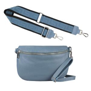 Made in Italy DAMEN SET Gürteltasche + Schultergurt LEDER Crossbody Hüfttasche Bauchtasche Umhängetasche Brusttasche CrossOver Bodybag Schultertasche Handytasche Geldtasche Tasche Kosmetiktasche Jeansblau M (27cm) + Gürtel