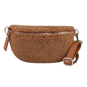 Made in Italy DAMEN LEDER Gürteltasche Crossbody Teddyfell Bauchtasche  Hüfttasche Kunstfell Umhängetasche Brusttasche CrossOver Bodybag Schultertasche Handytasche Teddy Pelz Fell Plüsch Braun