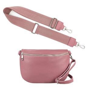 Made in Italy DAMEN SET Gürteltasche + Schultergurt LEDER Crossbody Hüfttasche Bauchtasche Umhängetasche Brusttasche CrossOver Bodybag Schultertasche Handytasche Geldtasche Tasche Kosmetiktasche Altrosa M (27cm) + Gürtel
