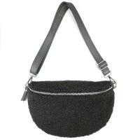 Made in Italy DAMEN LEDER Gürteltasche Crossbody Teddyfell Bauchtasche  Hüfttasche Kunstfell Umhängetasche Brusttasche CrossOver Bodybag Schultertasche Teddy Fell Plüsch Dunkelgrau 30x20x7 cm