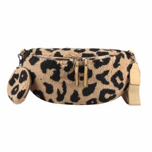 DAMEN LEOPARDEN-PRINT Tasche Teddyfell Plüsch Bauchtasche Hüfttasche Schultertasche Fell Bodybag Umhängetasche Crossbody Teddyplüsch Handytasche Crossbag Gürteltasche Wintertasche Taupe