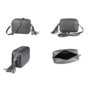 Made in Italy DAMEN LEDER TASCHE Umhängetasche Schultertasche Cross-Over Crossbody Bag Glattleder Schmucktasche Fransen Ledertasche Grün