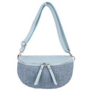 Made in Italy Damen Leder Tasche Basttasche Schultertasche Gürteltasche Sommer Strandtasche Crossbody Bauchtasche Umhängetasche Cross-Over Bodybag Handytasche Geflochten Bast Abendtasche Hellblau
