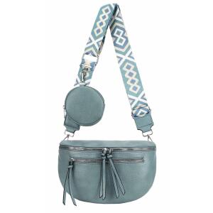 ITALYSHOP24 Damen Tasche Umhängetasche Brusttasche Muster Gürtel Bauchtasche Crossbody Gürteltasche Hüfttasche Crossover Bodybag Schultertasche Handytasche Leder Optik Jeansblau