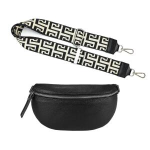 Made in Italy DAMEN SET Gürteltasche + Schultergurt LEDER Crossbody Hüfttasche Bauchtasche Umhängetasche Brusttasche CrossOver Bodybag Schultertasche Handytasche Geldtasche Tasche Kosmetiktasche Schwarz S (22cm) + Gürtel 39