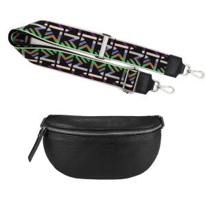 Made in Italy DAMEN SET Gürteltasche + Schultergurt LEDER Crossbody Hüfttasche Bauchtasche Umhängetasche Brusttasche CrossOver Bodybag Schultertasche Handytasche Geldtasche Tasche Kosmetiktasche Schwarz S (22cm) + Gürtel 91