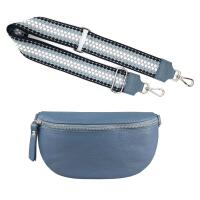 Made in Italy DAMEN SET Gürteltasche + Schultergurt LEDER Crossbody Hüfttasche Bauchtasche Umhängetasche Brusttasche CrossOver Bodybag Schultertasche Handytasche Geldtasche Tasche Kosmetiktasche Jeansblau S (22cm) + Gürtel