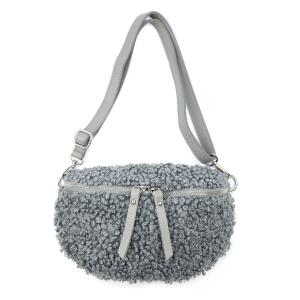 Made in Italy Damen Teddyfell Tasche Plüsch Bauchtasche Hüfttasche Schultertasche Bodybag Umhängetasche Crossbody Teddyplüsch Handytasche Crossbag Gürteltasche Wintertasche Lammfell-Optik Grau