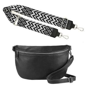 Made in Italy DAMEN SET Gürteltasche + Schultergurt LEDER Crossbody Hüfttasche Bauchtasche Umhängetasche Brusttasche CrossOver Bodybag Schultertasche Handytasche Geldtasche Tasche Kosmetiktasche #1 Schwarz-Weis M (27cm) + Gürtel