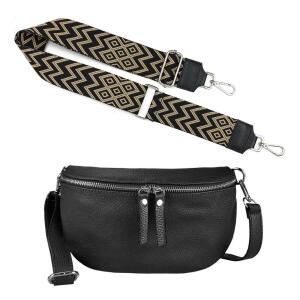 Made in Italy DAMEN SET Gürteltasche + Schultergurt LEDER Crossbody Hüfttasche Bauchtasche Umhängetasche Brusttasche CrossOver Bodybag Schultertasche Handytasche Geldtasche Tasche Kosmetiktasche #1 Schwarz-Schlamm S (25cm) + Gürtel