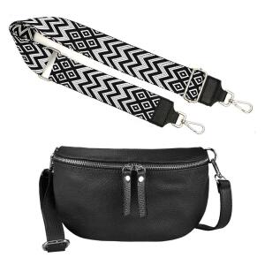 Made in Italy DAMEN SET Gürteltasche + Schultergurt LEDER Crossbody Hüfttasche Bauchtasche Umhängetasche Brusttasche CrossOver Bodybag Schultertasche Handytasche Geldtasche Tasche Kosmetiktasche #1 Schwarz-Weis S (25cm) + Gürtel