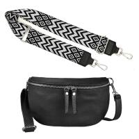Made in Italy DAMEN SET Gürteltasche + Schultergurt LEDER Crossbody Hüfttasche Bauchtasche Umhängetasche Brusttasche CrossOver Bodybag Schultertasche Handytasche Geldtasche Tasche Kosmetiktasche #1 Schwarz-Weis S (25cm) + Gürtel
