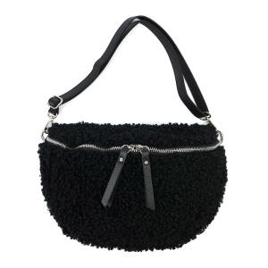 Made in Italy Damen Teddyfell Tasche Plüsch Bauchtasche Hüfttasche Schultertasche Bodybag Umhängetasche Crossbody Teddyplüsch  Crossbag Gürteltasche Wintertasche Lammfell Optik Schwarz M