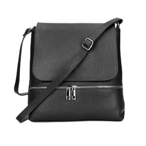 Made in Italy DAMEN LEDER TASCHE Messenger Crossbody Handtasche Schultertasche CrossOver Umhängetasche Shopper Damentasche Überschlagtasche Tablettasche bis ca. 7-9 Zoll Schwarz
