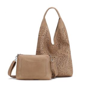 DAMEN TASCHE XXL SET 2in1 Shopper Hobo Bag Schultertasche Cross Over Body Bag Umhängetasche Beuteltasche Handtasche Leder Optik Taupe