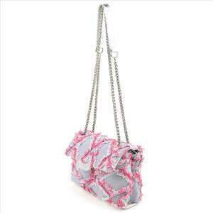 MADE IN ITALY Damen Vintage Jeans Denim Leder Tasche Kettengriff Umhängetasche Clutch Jeanstasche Schultertasche Umhängetasche gesteppte Used Look Cross Over Body Bag