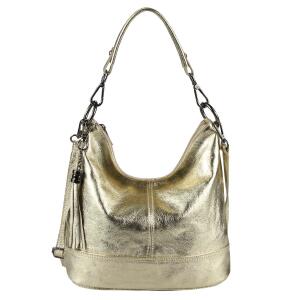 Made in Italy Damen Leder Tasche Umhängetasche Shopper Schultertasche Handtasche Crossbody Hobo Bag Crossover Ledertasche Damentasche Fransen Gold