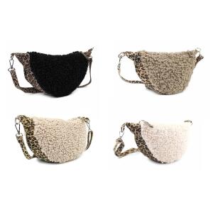 Made in Italy Damen Teddyfell Tasche Leo Muster Plüsch Wildleder Schultertasche Bodybag Umhängetasche Crossbody Beige