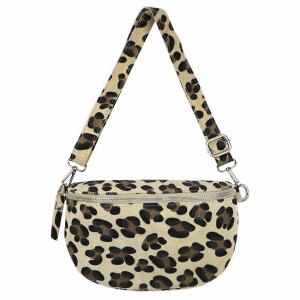 Made in Italy DAMEN LEOPARDEN PRINT TASCHE Leder Tasche Schultertasche Bodybag Umhängetasche Leo Muster Crossbody Wildleder Brusttasche Bauchtasche Hüfttasche CrossOver Handytasche Geldtasche Helltaupe (Große Leo)