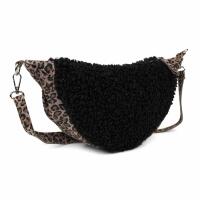 Made in Italy Damen Teddyfell Tasche Leo Muster Plüsch Wildleder Schultertasche Bodybag Umhängetasche Crossbody Schwarz