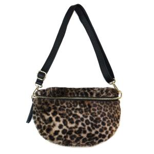 Made in Italy DAMEN LEOPARDEN PRINT Tasche Teddyfell Plüsch Brusttasche Bauchtasche Leo Leder Tasche Schultertasche Fell Bodybag Umhängetasche Crossbody Teddyplüsch Schwarz