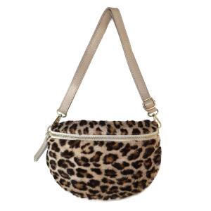 Made in Italy DAMEN LEOPARDEN PRINT Tasche Teddyfell Plüsch Brusttasche Bauchtasche Leo Leder Tasche Schultertasche Fell Bodybag Umhängetasche Crossbody Teddyplüsch Taupe