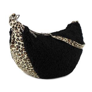 Made in Italy Damen Teddyfell Tasche Leo Muster Plüsch Wildleder Schultertasche Bodybag Umhängetasche Crossbody Schwarz L