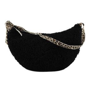 Made in Italy Damen Teddyfell Tasche Leo Muster Plüsch Wildleder Schultertasche Bodybag Umhängetasche Crossbody Schwarz L