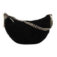 Made in Italy Damen Teddyfell Tasche Leo Muster Plüsch Wildleder Schultertasche Bodybag Umhängetasche Crossbody Schwarz L