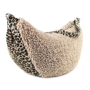 Made in Italy Damen Teddyfell Tasche Leo Muster Plüsch Wildleder Schultertasche Bodybag Umhängetasche Crossbody Helltaupe L