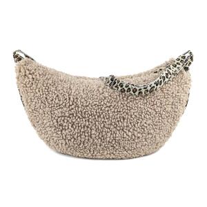 Made in Italy Damen Teddyfell Tasche Leo Muster Plüsch Wildleder Schultertasche Bodybag Umhängetasche Crossbody Helltaupe L