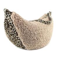 Made in Italy Damen Teddyfell Tasche Leo Muster Plüsch Wildleder Schultertasche Bodybag Umhängetasche Crossbody Helltaupe L