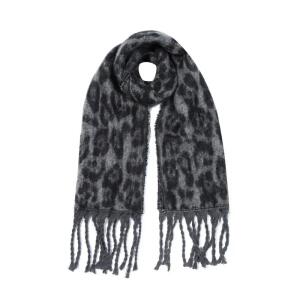 Damen XL LEO SCHAL Stola Halstuch Winterschal mit quasten/fransen Leopard Muster Scarf Animal Print Deckenschal Herbst Winter Grau