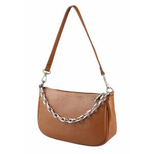 Made in Italy DAMEN LEDER TASCHE Pochette mit Kette Schultertasche Handtasche City Bag Umhängetasche Clutch Ledertasche Bodybag Schmucktasche CrossBody Cross-Over Cognac(Silber)