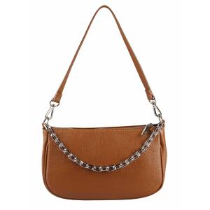 Made in Italy DAMEN LEDER TASCHE Pochette mit Kette Schultertasche Handtasche City Bag Umhängetasche Clutch Ledertasche Bodybag Schmucktasche CrossBody Cross-Over Cognac(Silber)