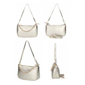 Made in Italy DAMEN LEDER TASCHE Pochette mit Kette Schultertasche Handtasche City Bag Umhängetasche Clutch Ledertasche Bodybag Schmucktasche CrossBody Cross-Over Cognac(Silber)